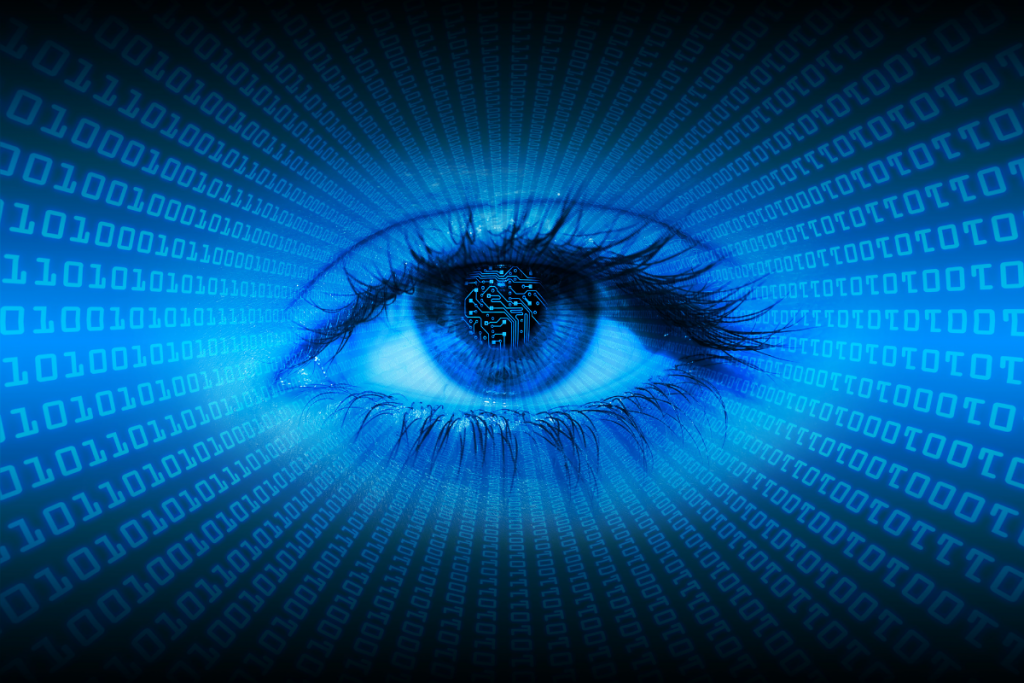 Human eye surrounded by streams of digital code representing AI and deep learning vision systems.