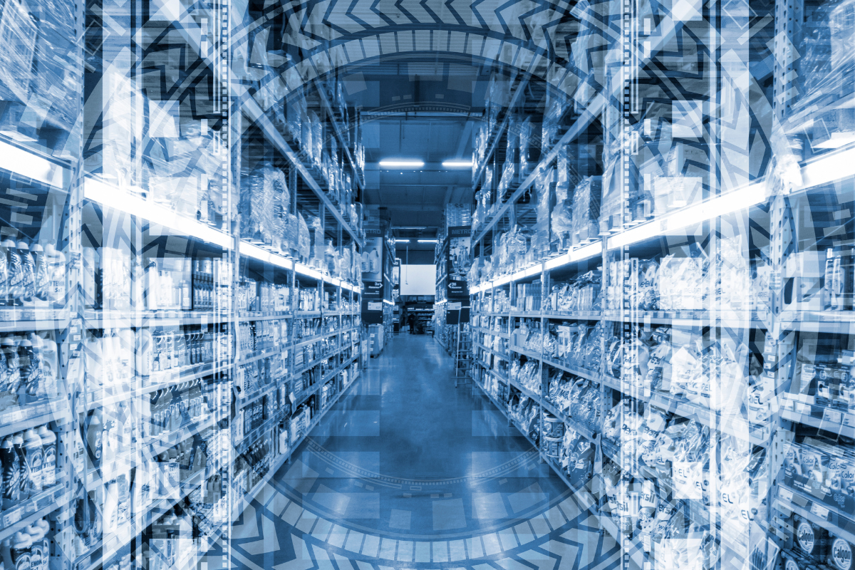 Digital warehouse with real-time data overlays showing connected inventory, automation, and supply chain intelligence.