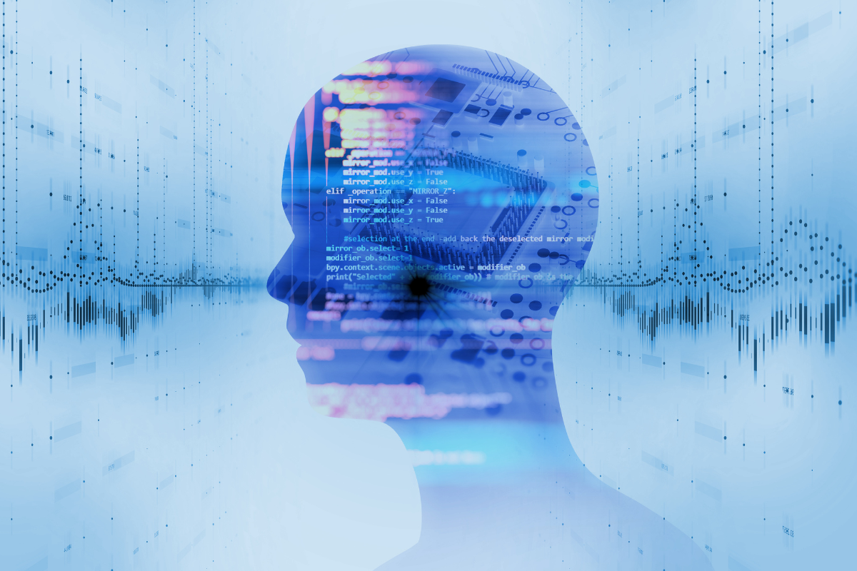 Human head surrounded by flowing code and digital spikes representing advanced software intelligence.