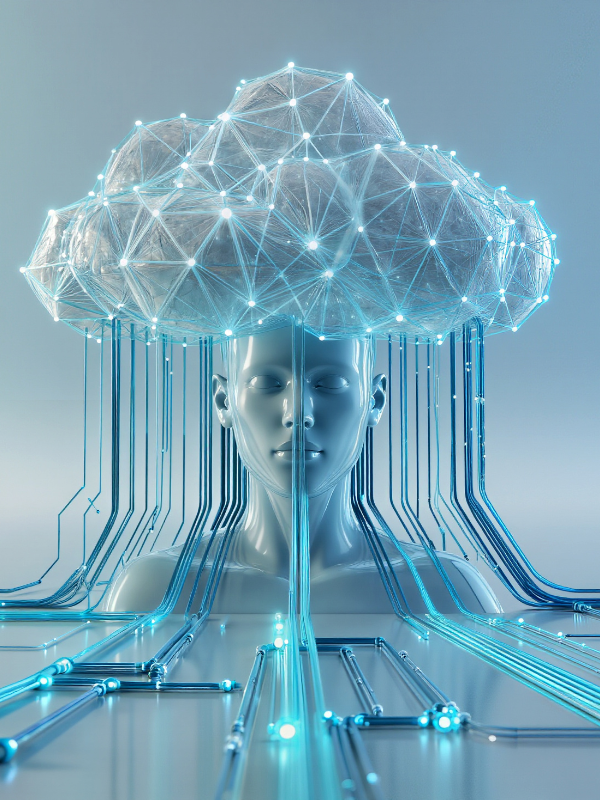 Robotic head and shoulders with coloured digital networks converging at the top of the head, symbolising intelligent execution.